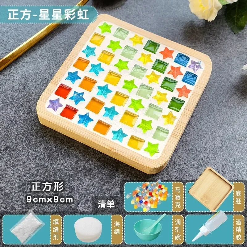 Handmade DIY Mosaic Cup Mat – Bamboo Pad Heart & Square Coaster for Parent-Child Early Education Crafting