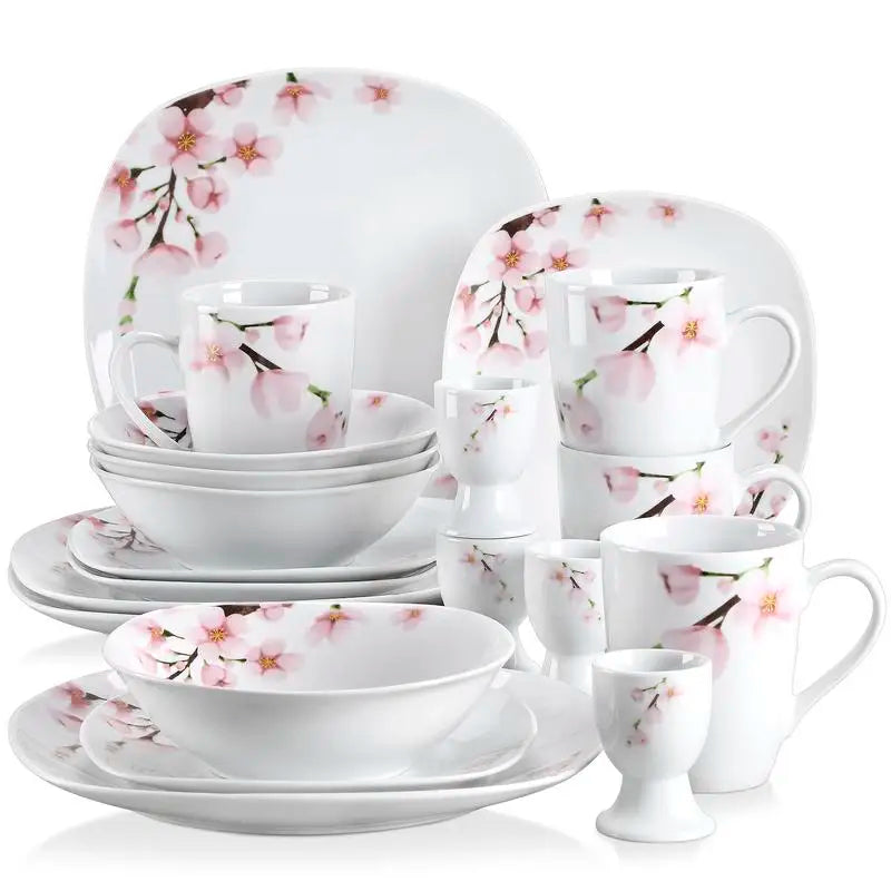 Porcelain Dinnerware Set – White Dish Set with Pink Floral Design for 4/6 People