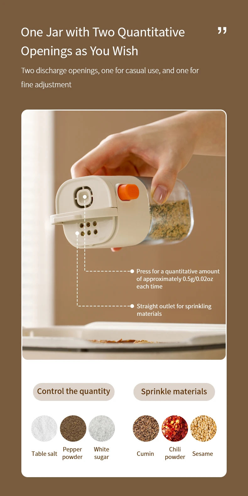180ml Multi-Functional Quantitative Seasoning Pot – Press-Type Glass Seasoning Bottle, Salt Jar, Spice & Pepper Shakers