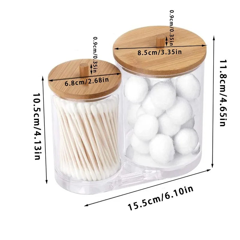 Cotton Swab Organizer with Bamboo Cover – Acrylic Round Makeup Storage Box