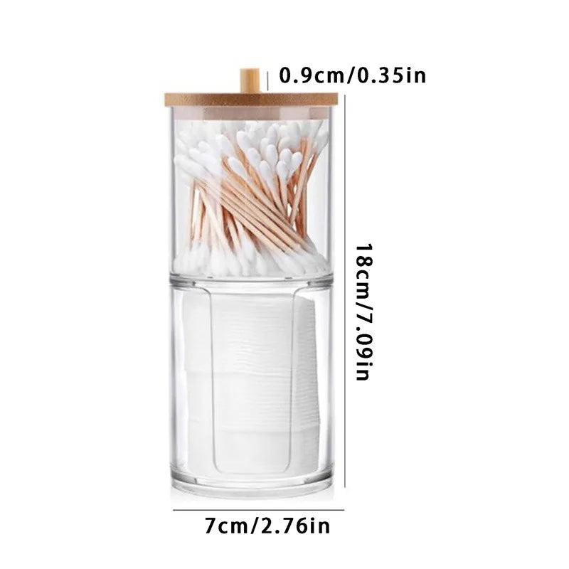 Cotton Swab Organizer with Bamboo Cover – Acrylic Round Makeup Storage Box