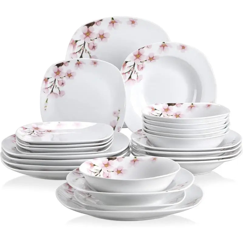 Porcelain Dinnerware Set – White Dish Set with Pink Floral Design for 4/6 People