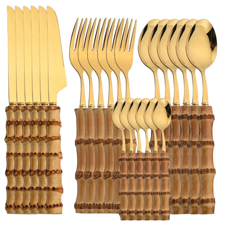 24-Piece Bamboo Tableware Set – Stainless Steel Cutlery with Natural Bamboo Handles, Flatware Set with Steak Knives