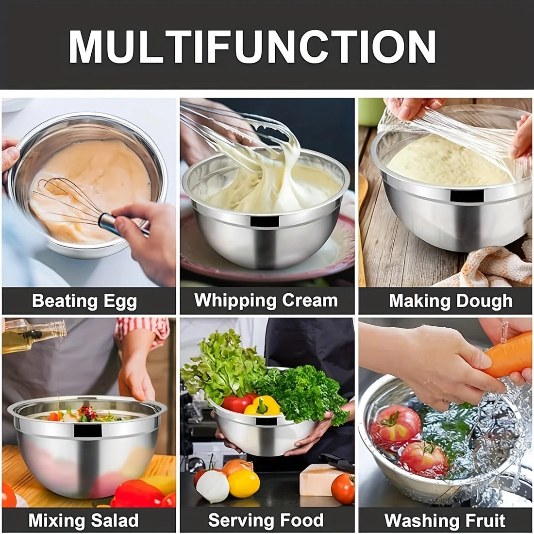 8pcs Stainless Steel Mixing Bowls with Airtight Lids – Set of Black Kitchen Bowls