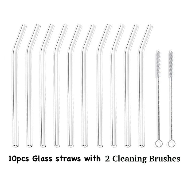 10PCS Glass Straws – Clear Bent Reusable Drinking Straws (20cm x 8mm)