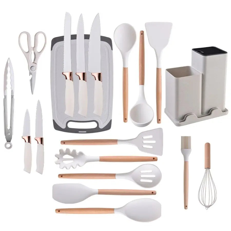 19PCS Food Grade Silicone Kitchenware Set – Cooking Spoons, Shovel, Cutting Board, Knives & More