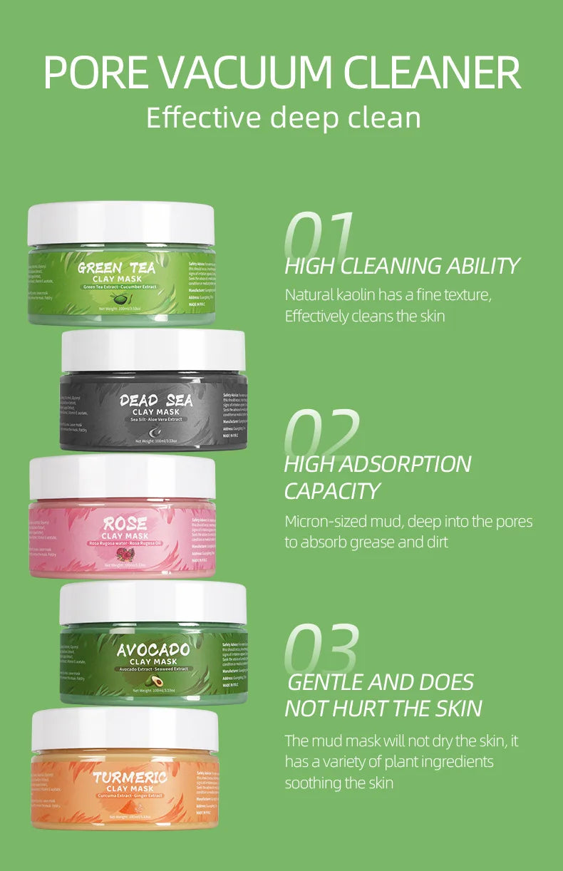 Clay Mud Face Mask Set – Turmeric, Green Tea, Rose & Avocado