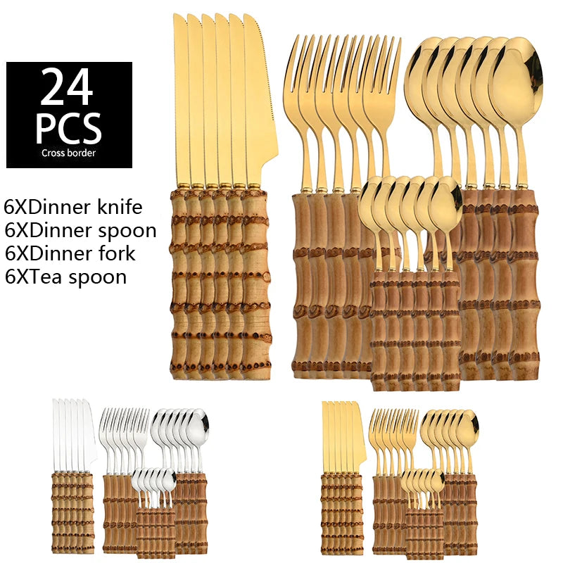 24-Piece Bamboo Tableware Set – Stainless Steel Cutlery with Natural Bamboo Handles, Flatware Set with Steak Knives