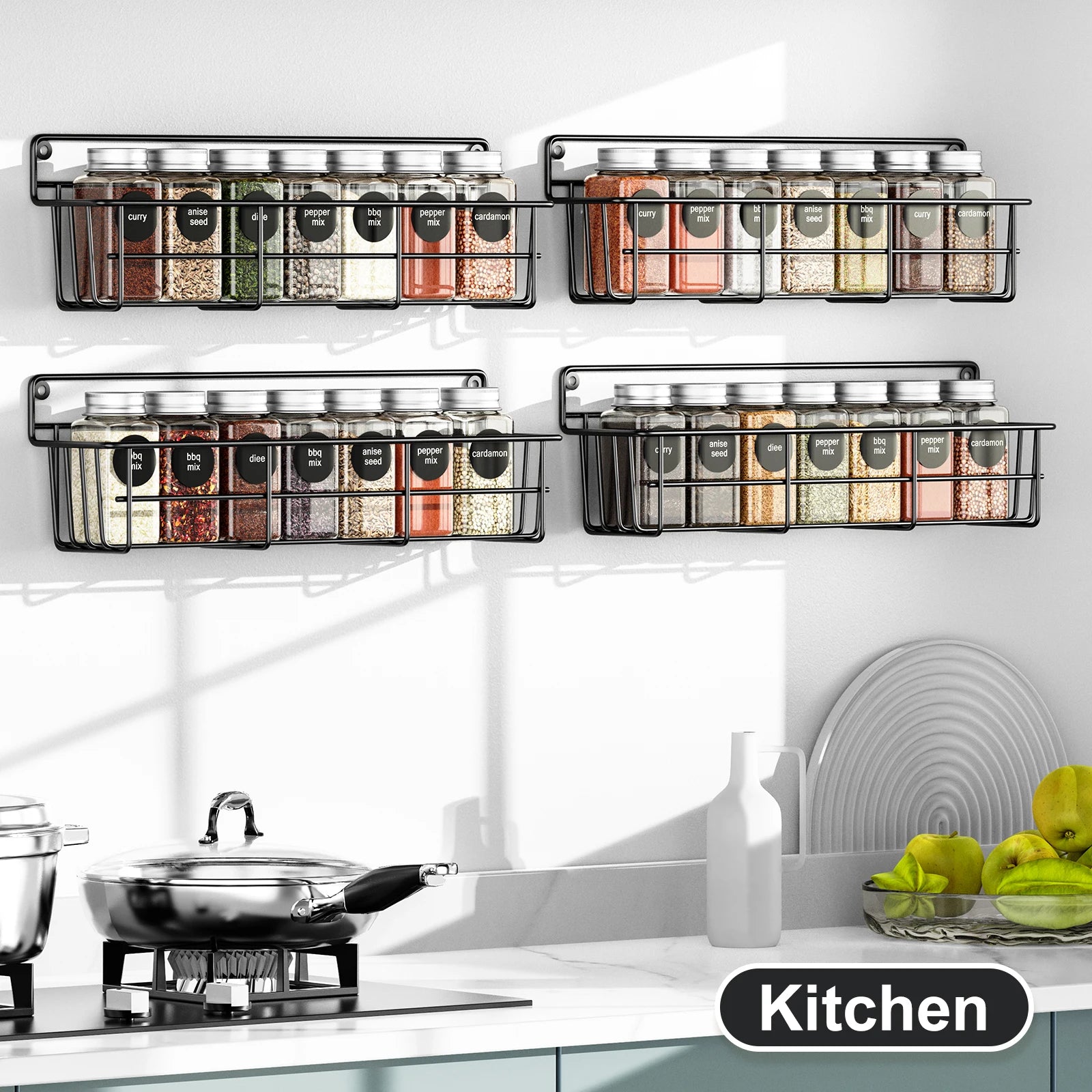 4PCS Kitchen Spice Organizers – Wall Mount Hanging Pantry Shelf, Multilayer Seasoning Rack for Cabinet, Black Metal Basket