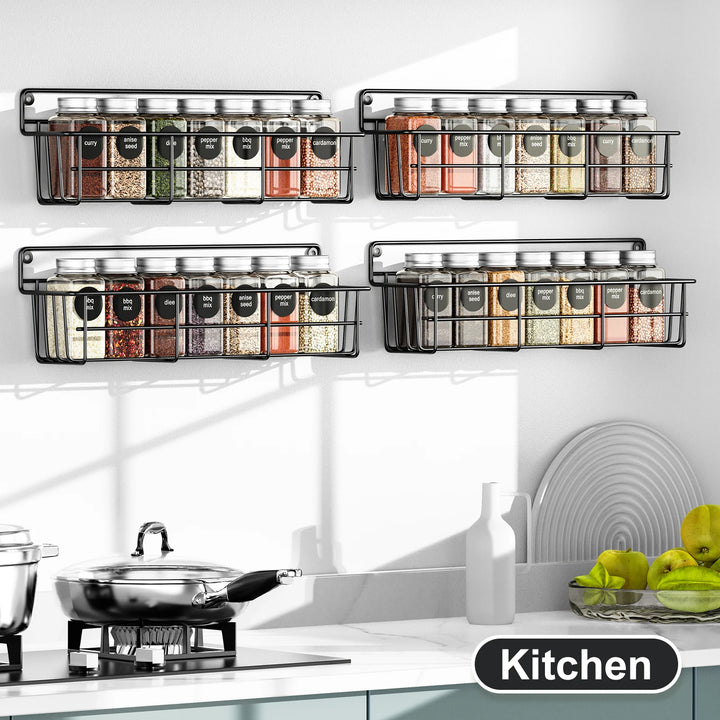 4PCS Kitchen Spice Organizers – Wall Mount Hanging Pantry Shelf, Multilayer Seasoning Rack for Cabinet, Black Metal Basket