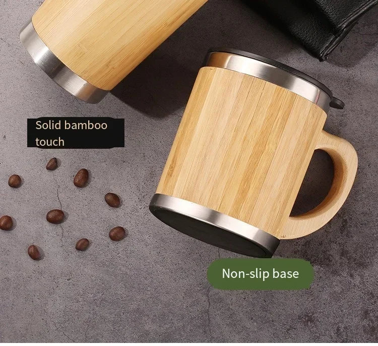 Stainless Steel Bamboo Thermos – 16oz Vacuum Insulated Water Bottle with Flip Lid