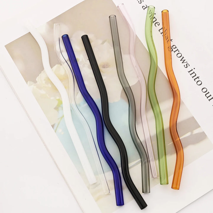 4PCS Wavy Glass Straws – Colorful Drinking Straw Set with Cleaning Brush