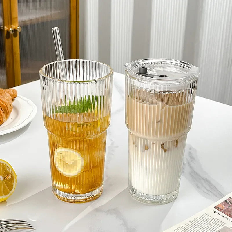 600ML Stripe Glass Coffee Cup with Lid and Straw – Transparent Drinking Glass for Juice, Milk, Tea, and Iced Coffee