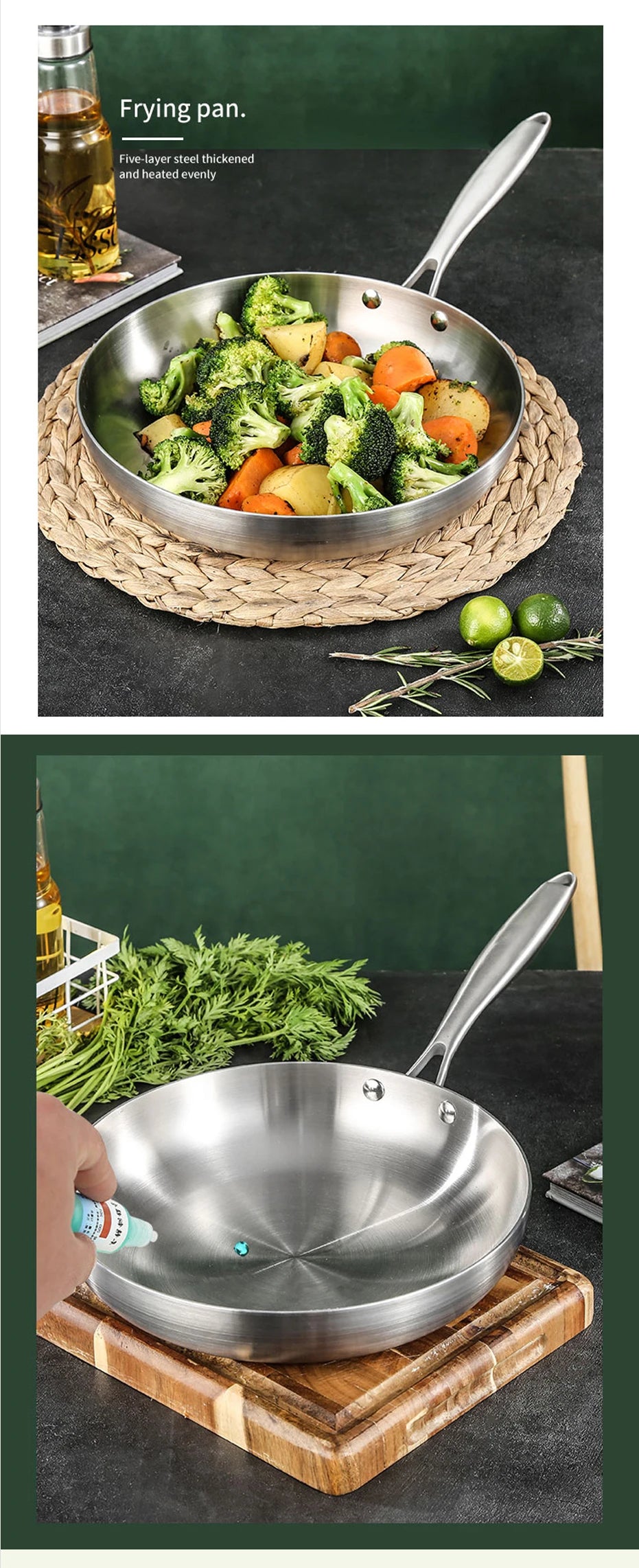 304 Stainless Steel Frying Pan – Non-Stick Pan for Fried Steak, Uncoated Kitchen Cookware for Gas Stoves and Induction Cookers