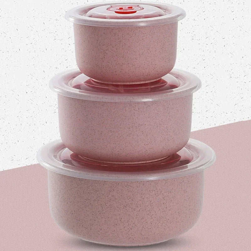 3PCS Wheat Straw Fresh-Keeping Bowl Set – Microwaveable Plastic Round Lunch Box with Lid