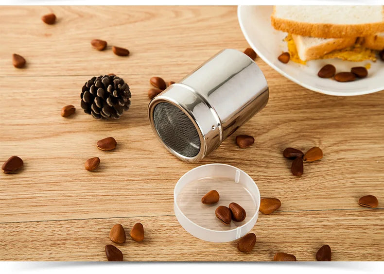 Stainless Steel Cocoa, Flour & Coffee Sifter – Flour, Sugar, Icing Mesh Sifter Powder Spreading Tank for Barbecue & Kitchen Supplies