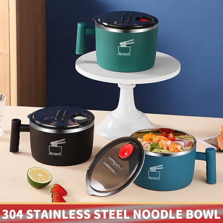 Stainless Steel Bowl with Lid – Sealed, Portable Drain Bowl for Instant Noodles