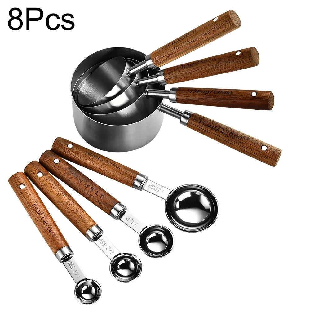 1/4/8PCS Measuring Cup Spoon Set – Stainless Steel with Wooden Handle, Coffee, Flour, Bartending & Kitchen Cooking Gadget