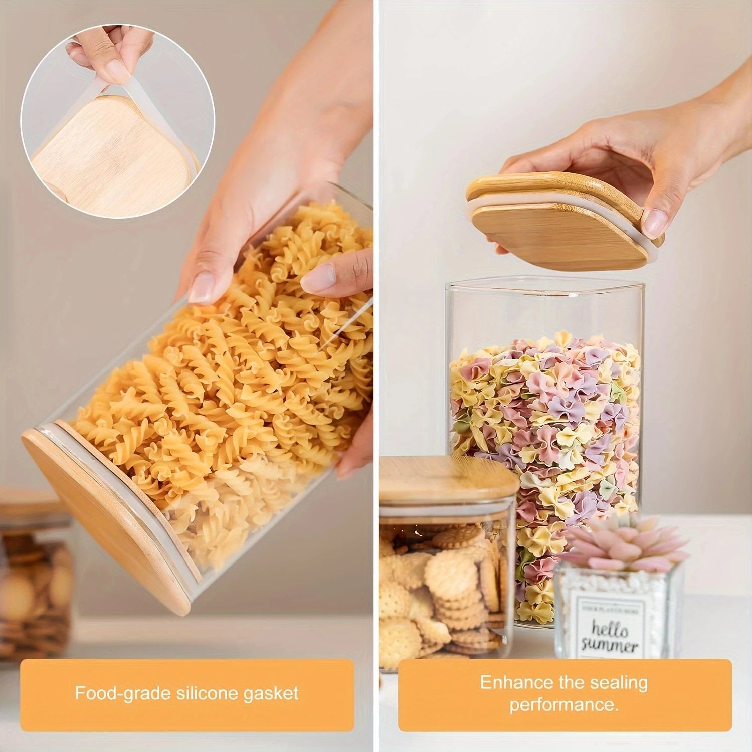 2/4 Pieces, 540ML/1000ML Glass Food Storage Jar with Bamboo Lid – Square Sealed Kitchen Container Set