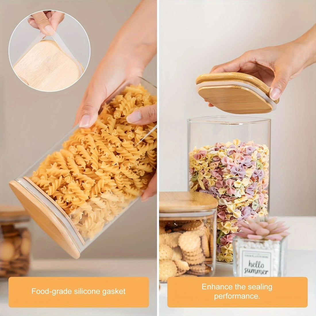 2/4 Pieces, 540ML/1000ML Glass Food Storage Jar with Bamboo Lid – Square Sealed Kitchen Container Set