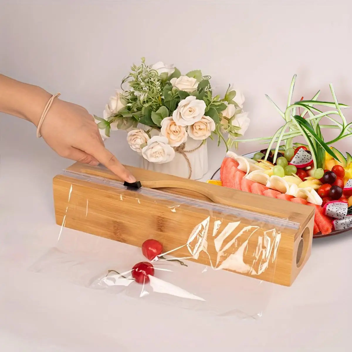 Bamboo Kitchen Wrap Dispenser with Foil & Film Cutter