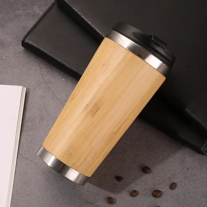 Stainless Steel Bamboo Thermos – 16oz Vacuum Insulated Water Bottle with Flip Lid