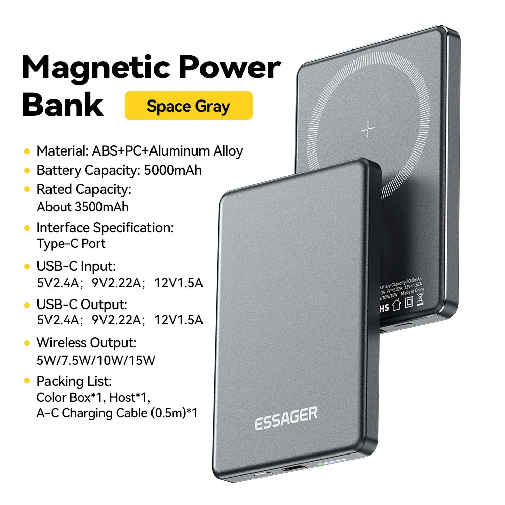 Essager 5000mAh Magnetic Wireless Power Bank – 20W Fast Charging for iPhone 16/15/14/13 (MagSafe Compatible)