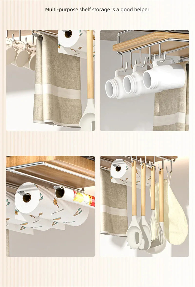 Stainless Steel Kitchen Hanging Organizer Rack – Hooks, Towel Bar, Pot Lid & Cutting Board Storage