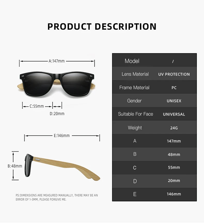 Fashion Bamboo Wood Vintage Square Sunglasses – Men & Women Luxury Brand Designer Sun Glasses, Wooden Driving & Fishing UV400 Eyewear