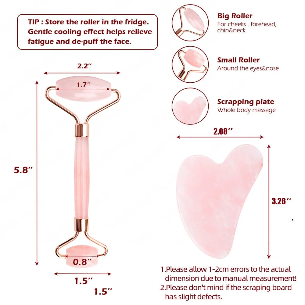 Rose Quartz Powder Crystal Jade Roller & Gua Sha Set – Natural Stone Beauty Tool for Facial Lift