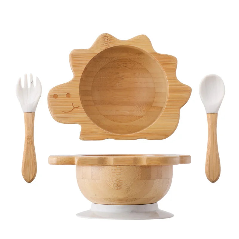 Baby Wooden Tableware Set - Bamboo Plate, Bowl, Fork & Spoon