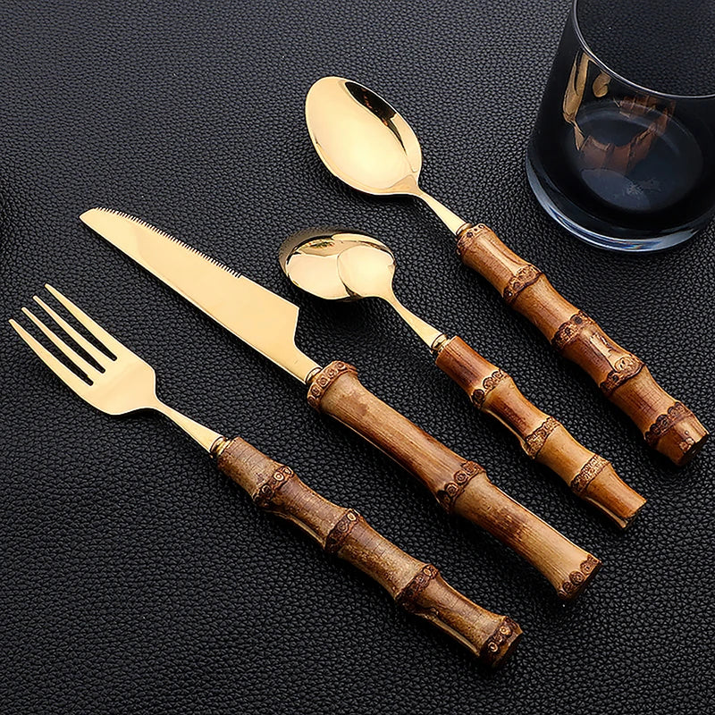 24-Piece Bamboo Tableware Set – Stainless Steel Cutlery with Natural Bamboo Handles, Flatware Set with Steak Knives
