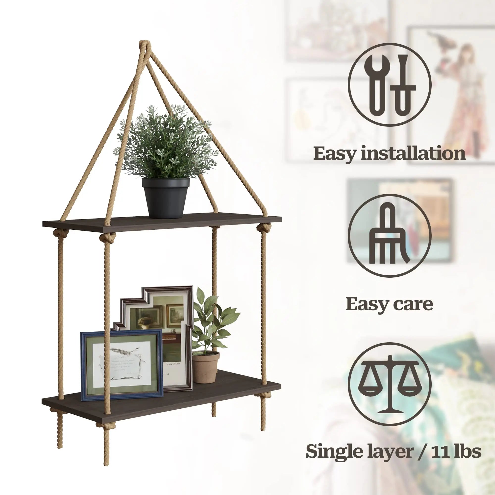 Boho Black Hanging Wall Shelves with Macrame Hanger