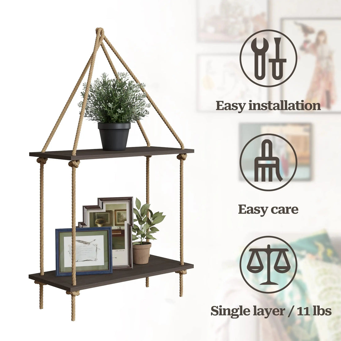 Boho Black Hanging Wall Shelves with Macrame Hanger
