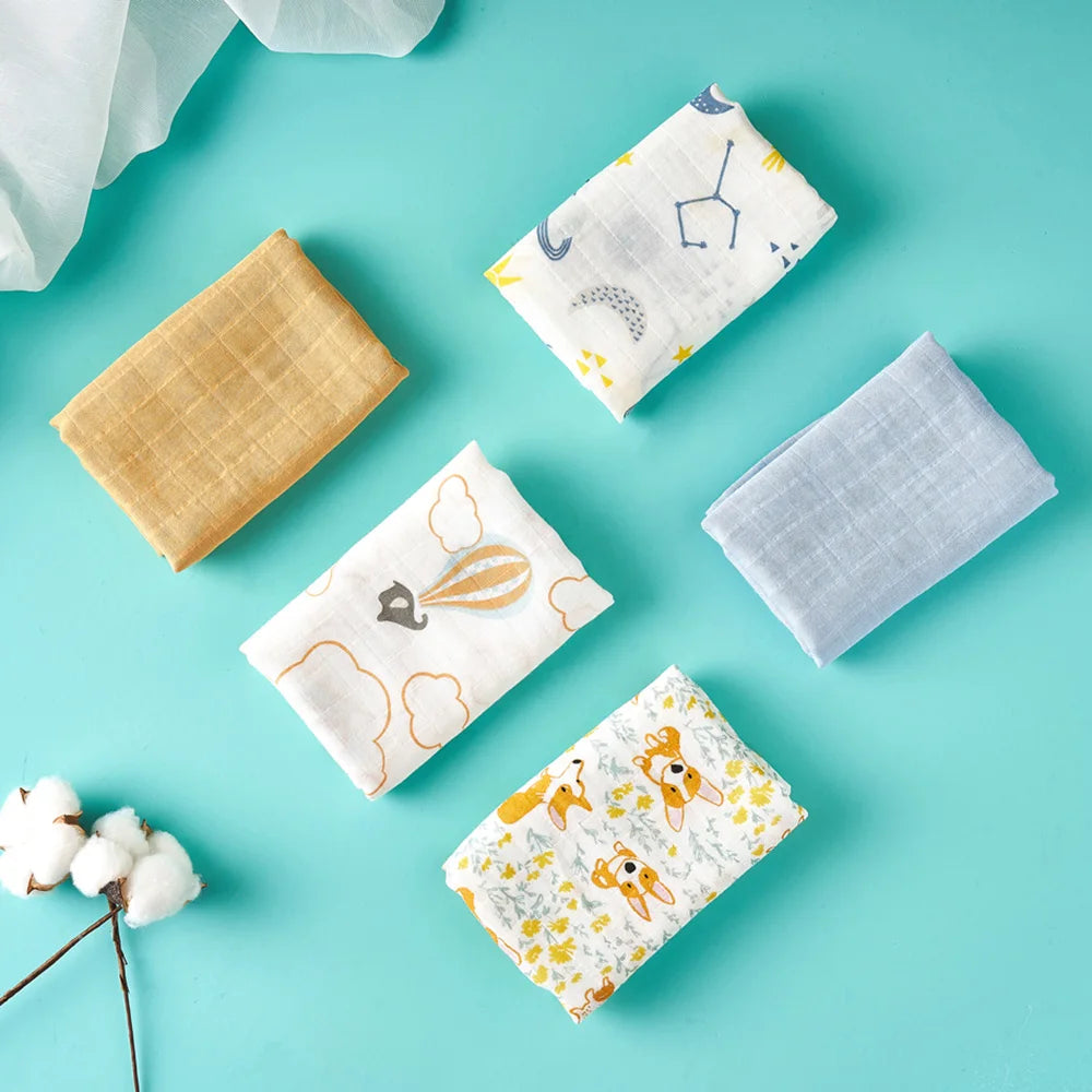 5PCS Gift Set Bamboo Cotton Muslin Bib & Burp Cloth – 60x60cm, 2 Layers Baby Scarf Handkerchief