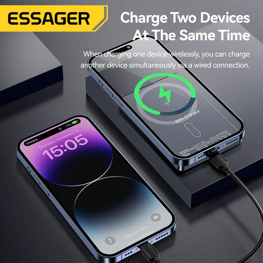 Essager 5000mAh Magnetic Wireless Power Bank – 20W Fast Charging for iPhone 16/15/14/13 (MagSafe Compatible)