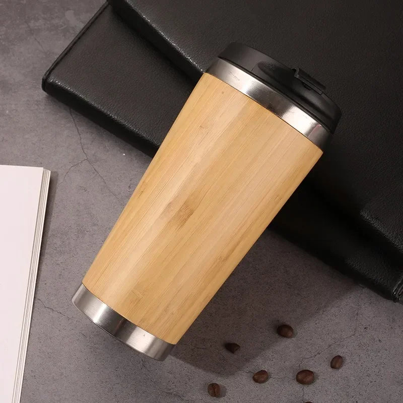 Stainless Steel Bamboo Thermos – 16oz Vacuum Insulated Water Bottle with Flip Lid