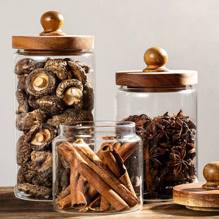 Glass Food Storage Jar with Wooden Lid – Airtight Sealed Container for Coffee Beans, Nuts, Spices, Candy, and Moisture-Proof Storage