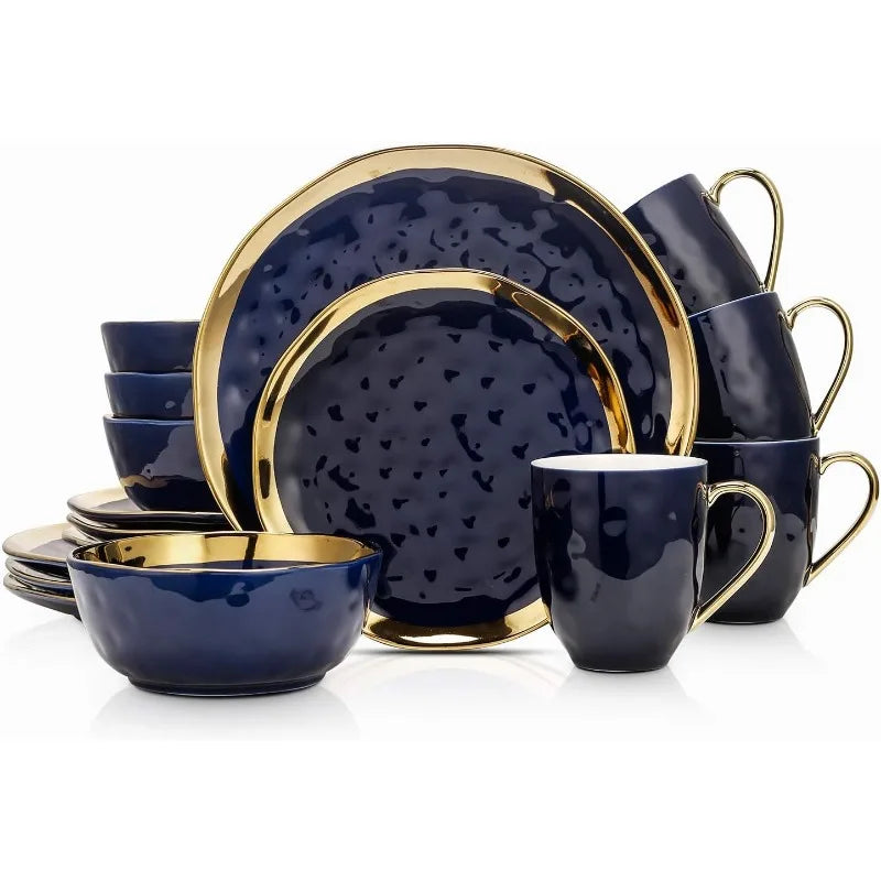 Florian Modern Porcelain 16-Piece Dinnerware Set – Green and Golden Rim, Plates and Bowls Set for 4