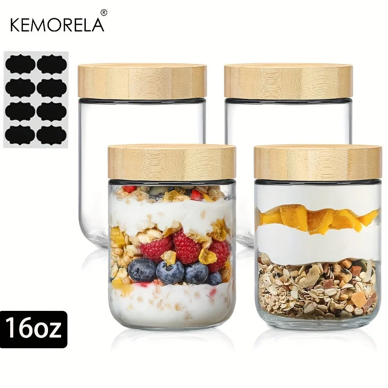KEMORELA Glass Jars with Airtight Bamboo Lids – 2/4PCS, 290/470ML, Perfect for Overnight Oats and Salads
