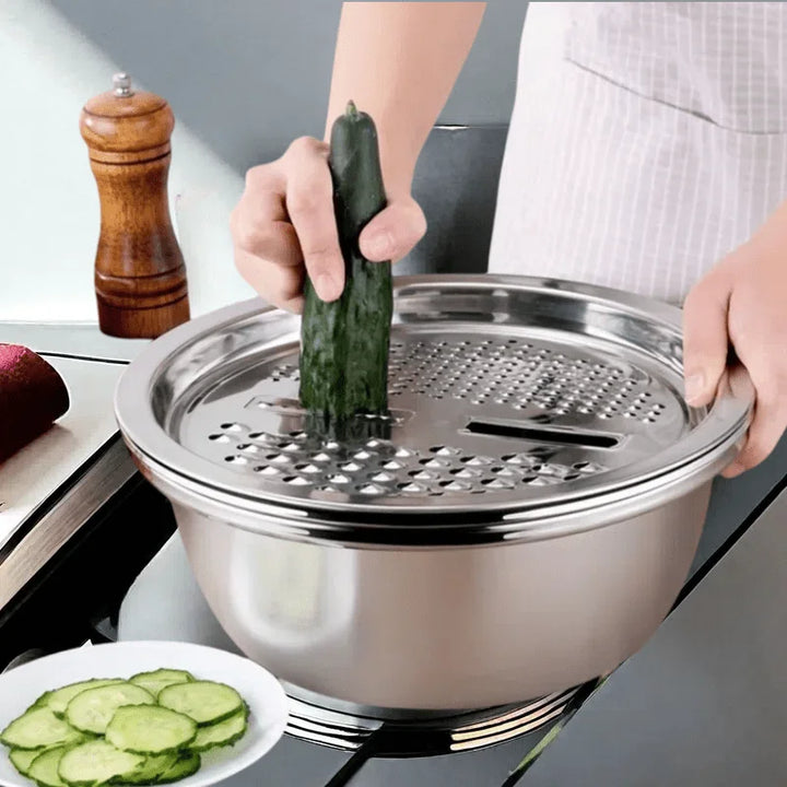 3-Piece Stainless Steel Kitchen Bowl Covers – Multifunctional Mixing Bowl, Planer, Detachable Multi-Layer Slicing Set