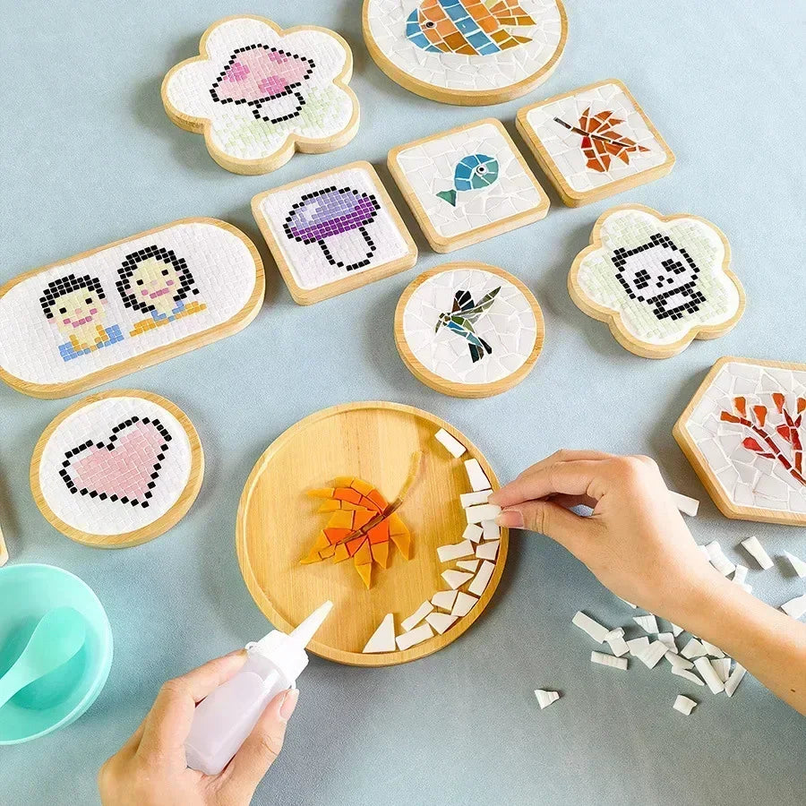 Handmade DIY Mosaic Cup Mat – Bamboo Pad Heart & Square Coaster for Parent-Child Early Education Crafting