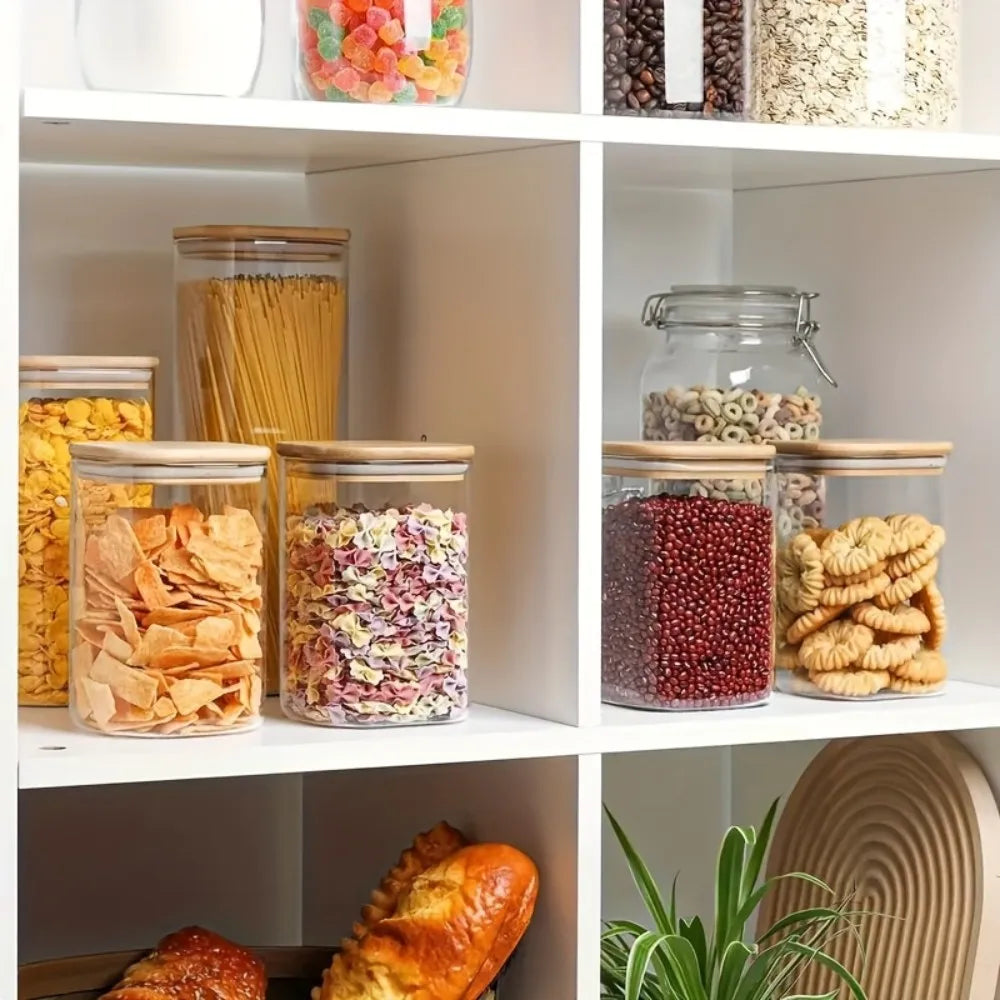 2/4 Pieces, 540ML/1000ML Glass Food Storage Jar with Bamboo Lid – Square Sealed Kitchen Container Set