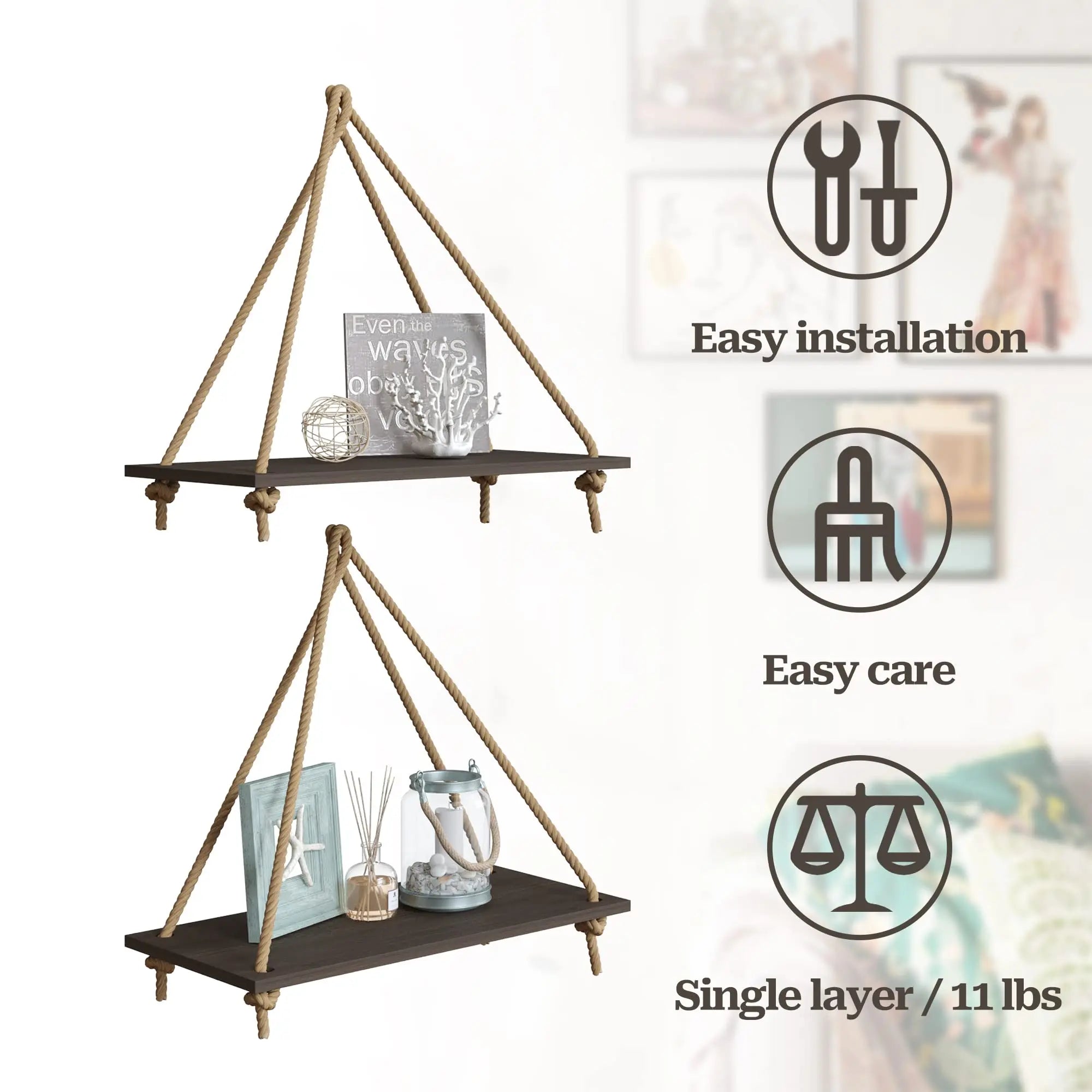 Boho Black Hanging Wall Shelves with Macrame Hanger