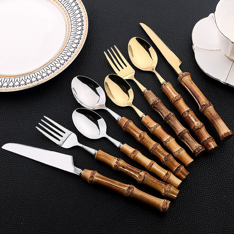 24-Piece Bamboo Tableware Set – Stainless Steel Cutlery with Natural Bamboo Handles, Flatware Set with Steak Knives