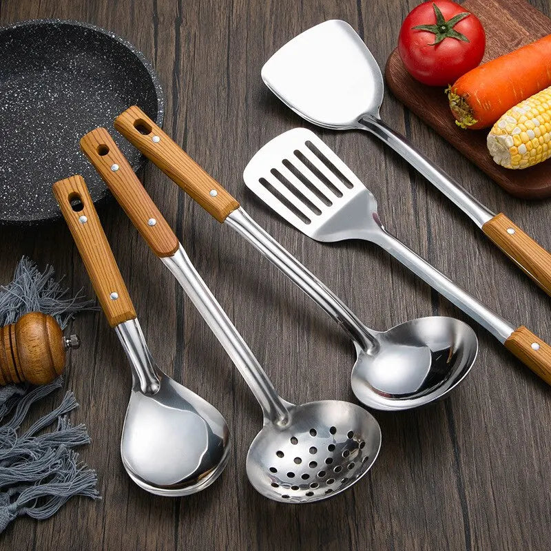 Stainless Steel Imitation Wood Grain Handle Spatula – Leaky Shovel Spoon, Set of 5 Kitchen Tools for Cooking