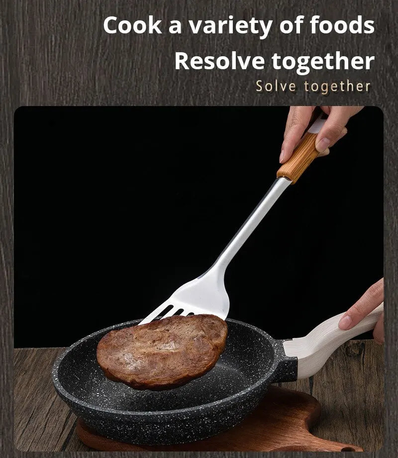 Stainless Steel Imitation Wood Grain Handle Spatula – Leaky Shovel Spoon, Set of 5 Kitchen Tools for Cooking