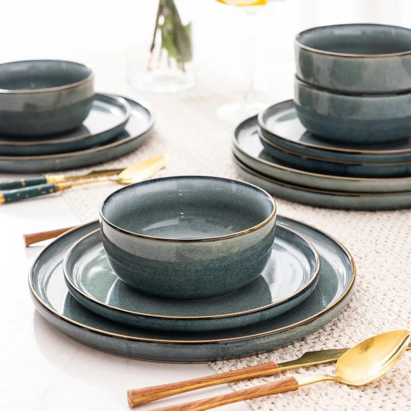 Ceramic Dinnerware Set for 4 – 12 Pieces Stoneware Plates and Bowls, Reactive Glaze, Scratch Resistant