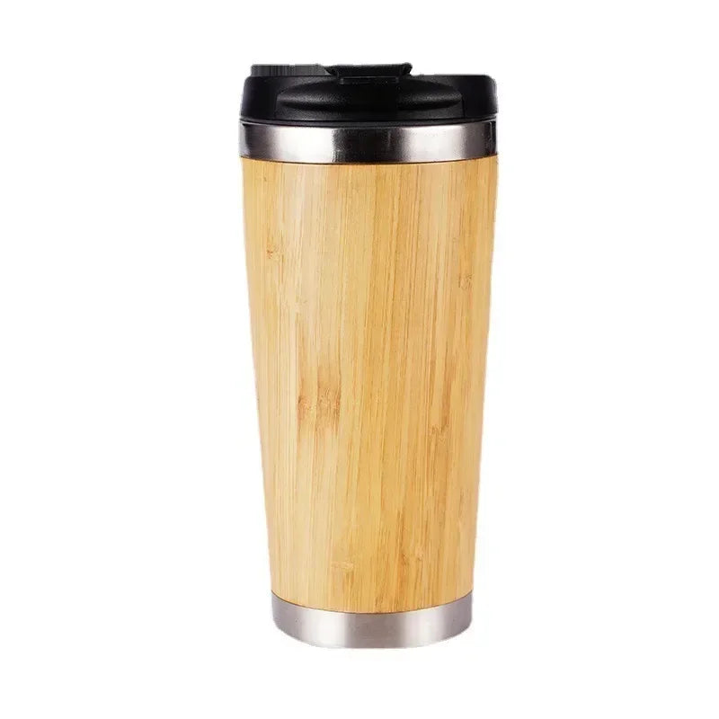 Stainless Steel Bamboo Thermos – 16oz Vacuum Insulated Water Bottle with Flip Lid