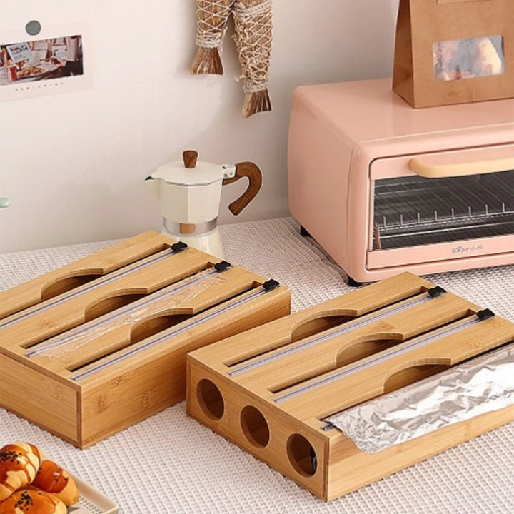 Bamboo Kitchen Wrap Dispenser with Foil & Film Cutter